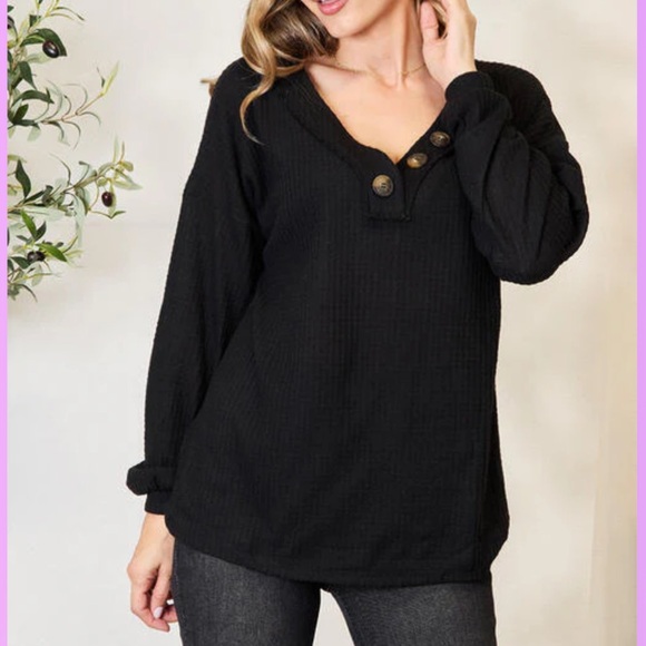 BRUSHED WAFFLE V-NECK BUTTON DETAIL SWEATER - Picture 3 of 5